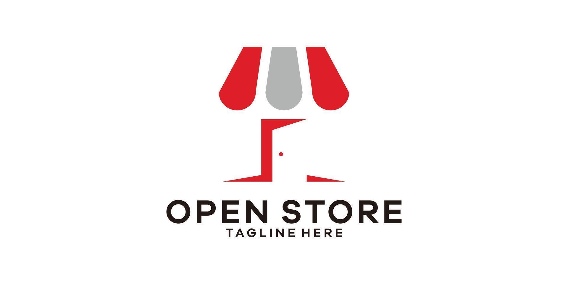 logo design combination of shop shape with door, open store logo design. vector