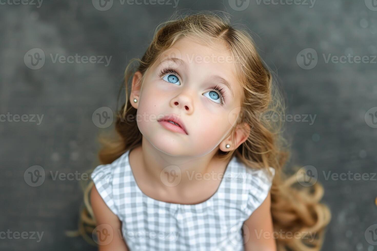 AI generated Portrait of a cute little girl with long blonde hair on a light background. photo