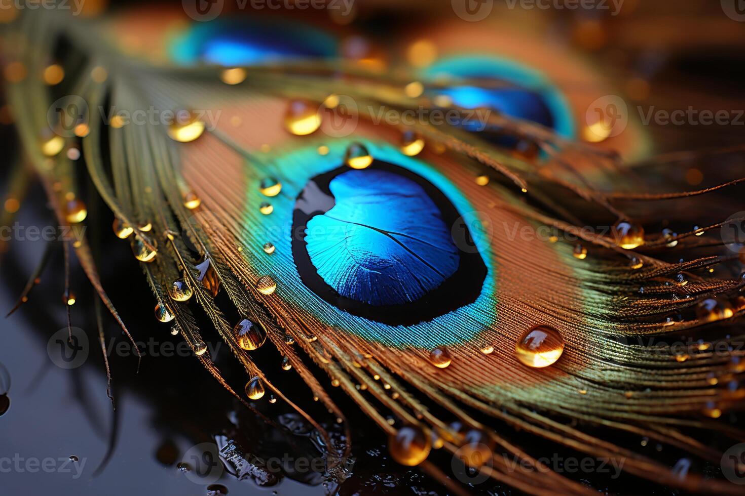 AI generated Close-up of a peacock feather with water droplets photo