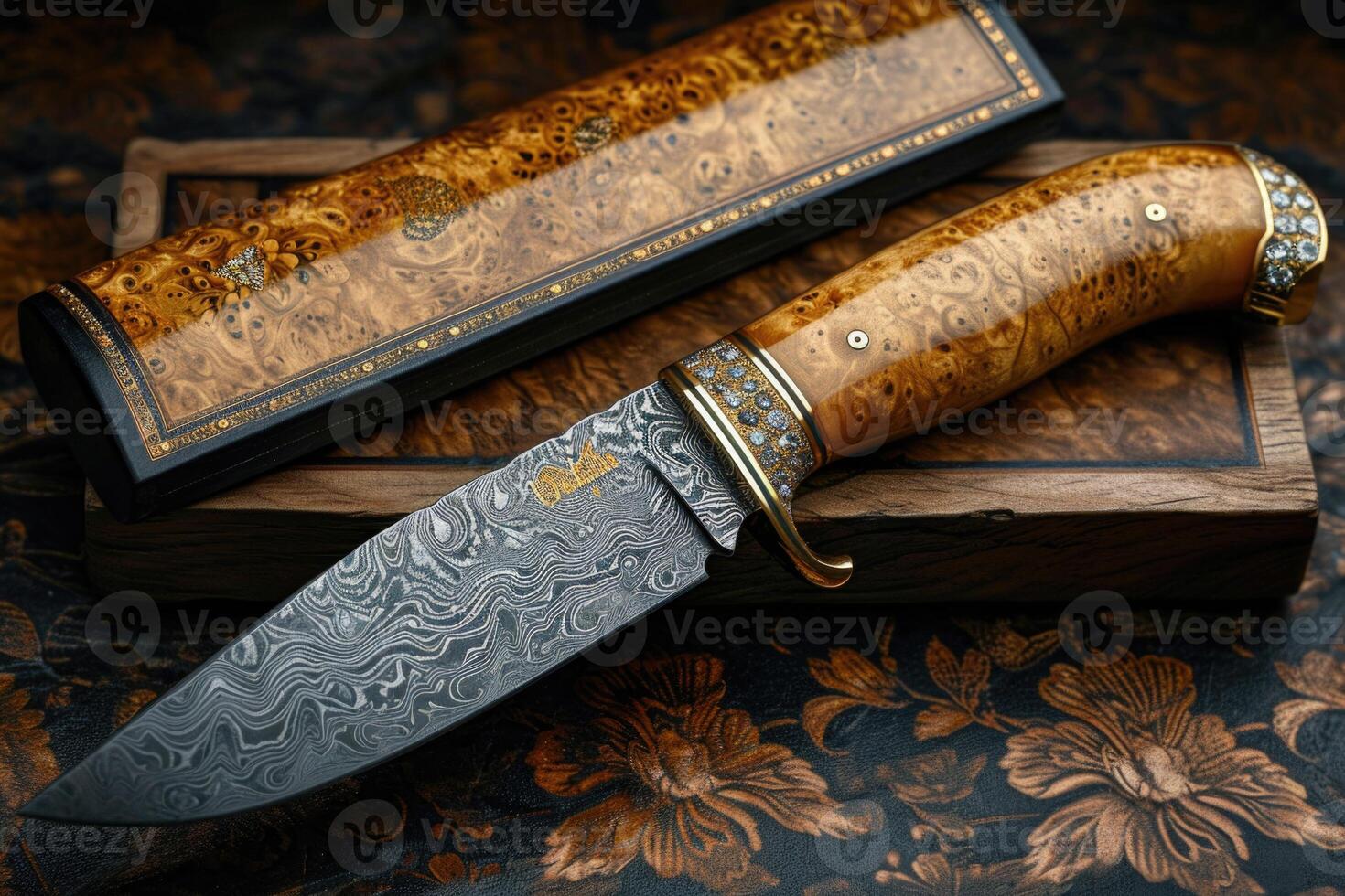 AI generated One Stylish Damascus steel kitchen knife on a wooden board photo