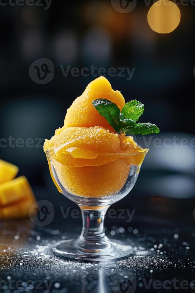 AI generated Mango sorbet in a glass on the table . Popsicle in a glass photo