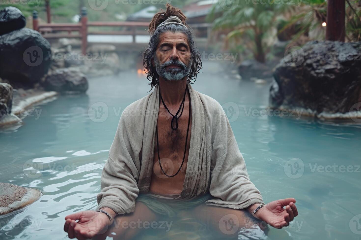 ai generado un hombre sentado en el agua practicando yoga , disfrutando meditación foto