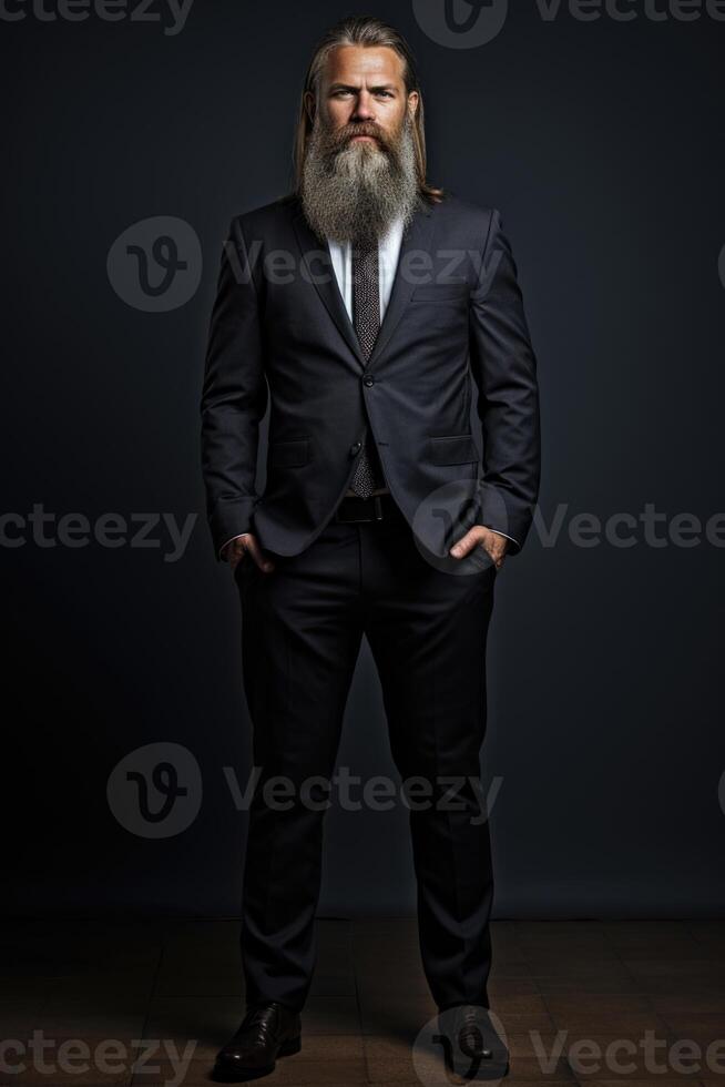 AI generated Portrait of a serious, confident middle-aged businessman with a beard in a suit on a black background photo