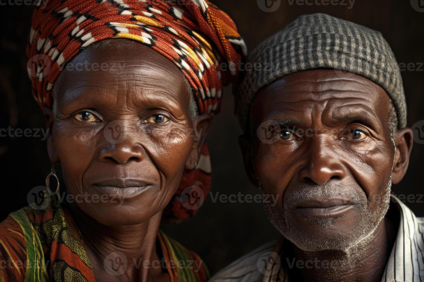 AI generated Portrait of an elderly African couple on vacation in national costumes. Journey photo