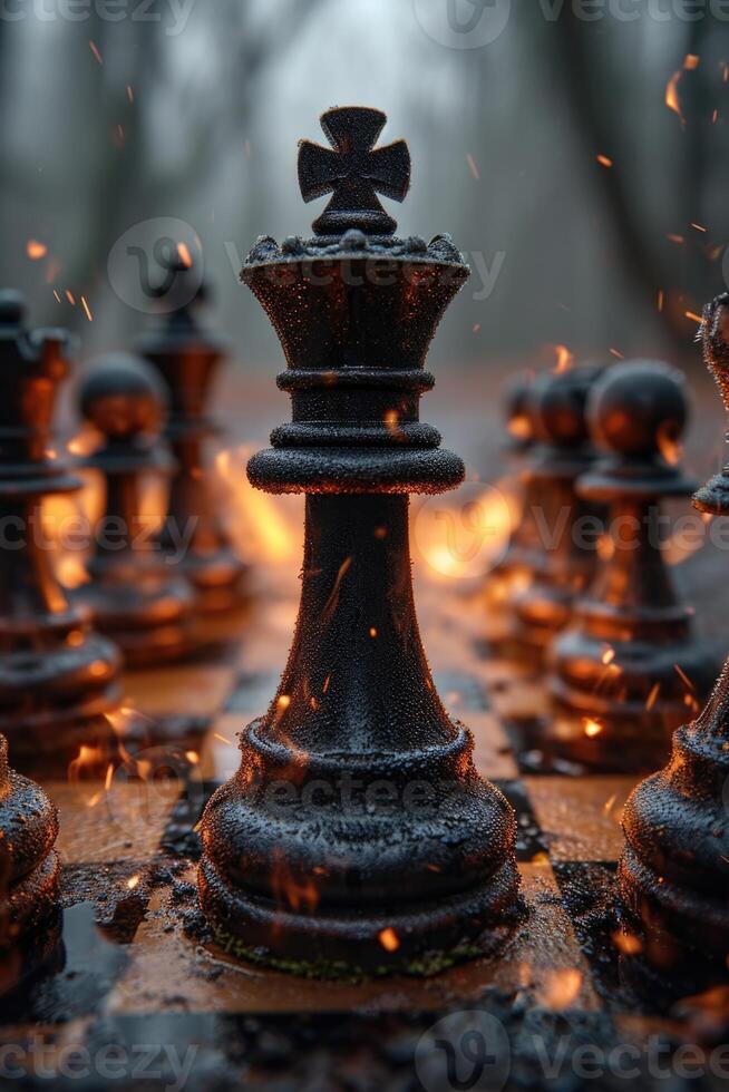 AI generated stylish black chess stands on a chessboard and a fire is burning around. Gloomy environment photo