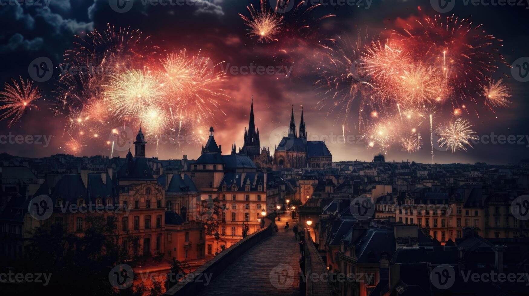 AI generated Beautiful night fireworks over the city. Festive fireworks over the night city photo