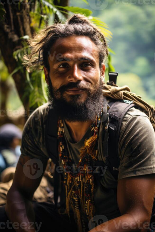 AI generated Portrait of a cheerful bearded traveler with a backpack against the background of nature. Guinea photo