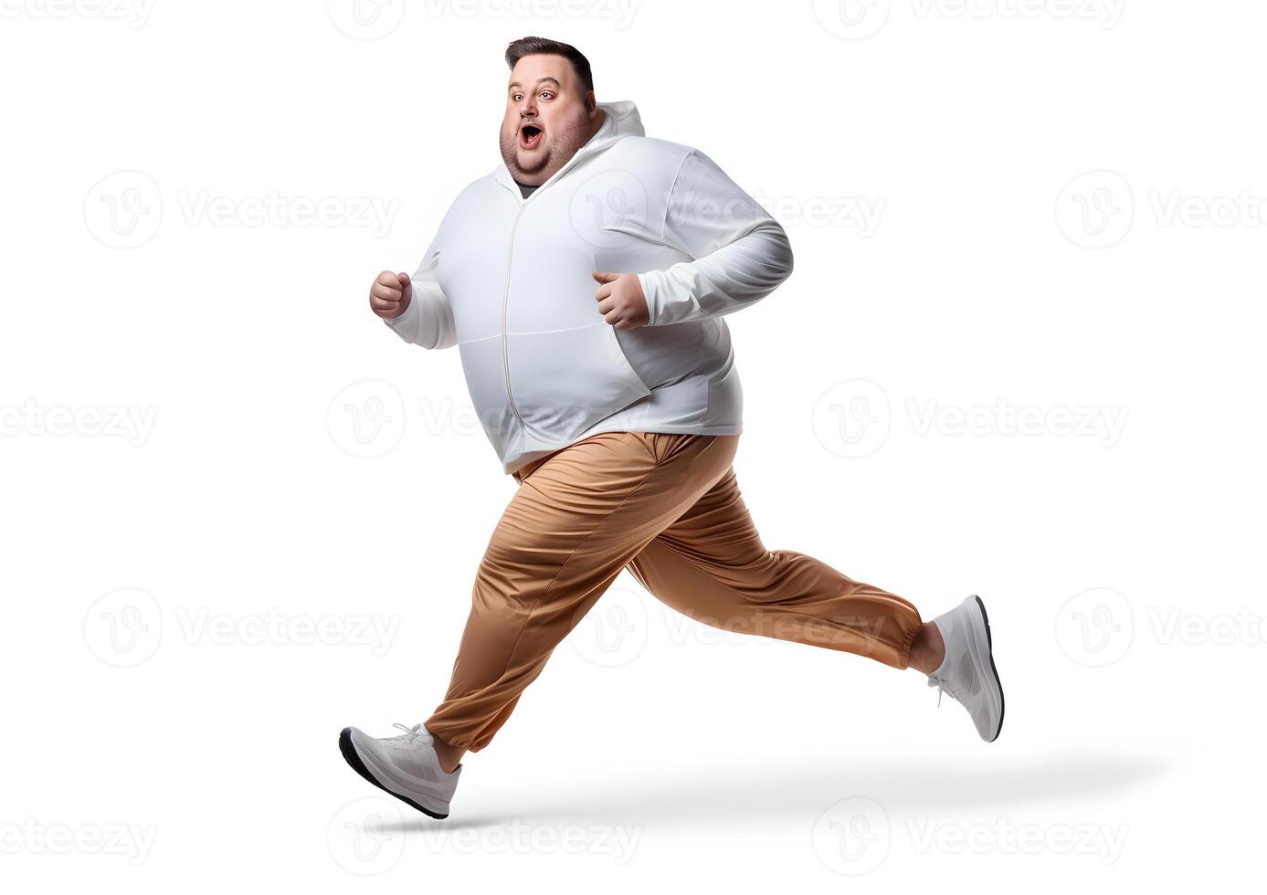 AI generated Overweight young adult Caucasian man running on white background, concept of overweight and weight loss. Neural network generated photorealistic image photo