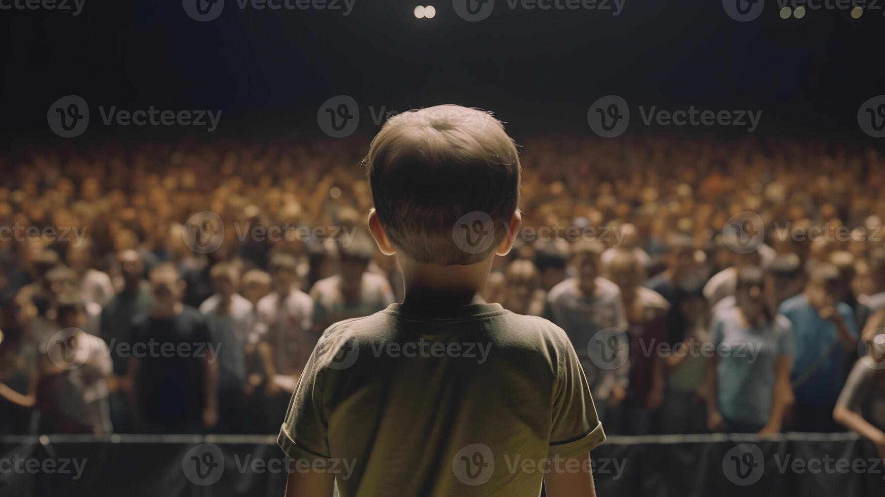 AI generated Small child gives a speech on stage in front of thousands people crowd, view from behind, neural network generated picture photo