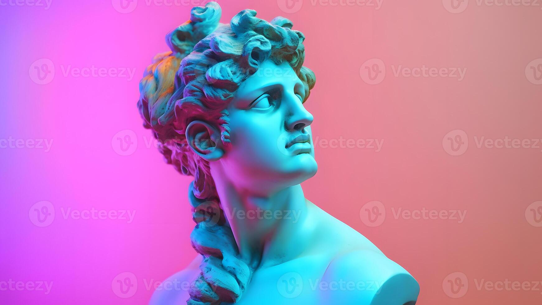 AI generated white sculpture of an abstract greek deity brightly lit with neon colors, neural network generated image photo