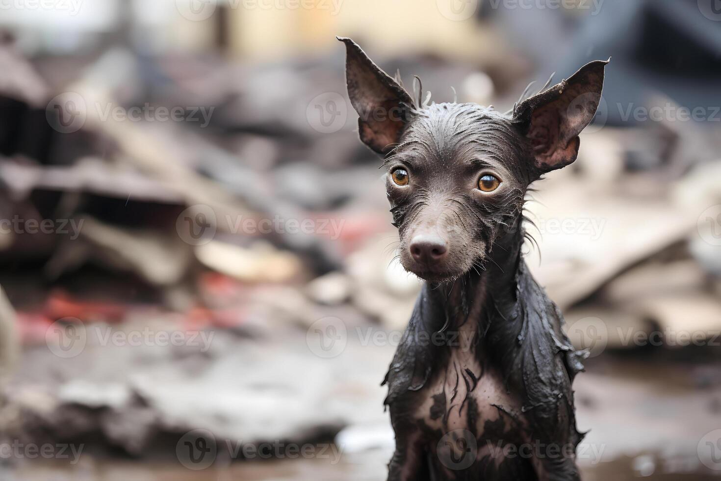 AI generated alone wet and dirty American Hairless Terrier after disaster on the background of house rubble, neural network generated image photo