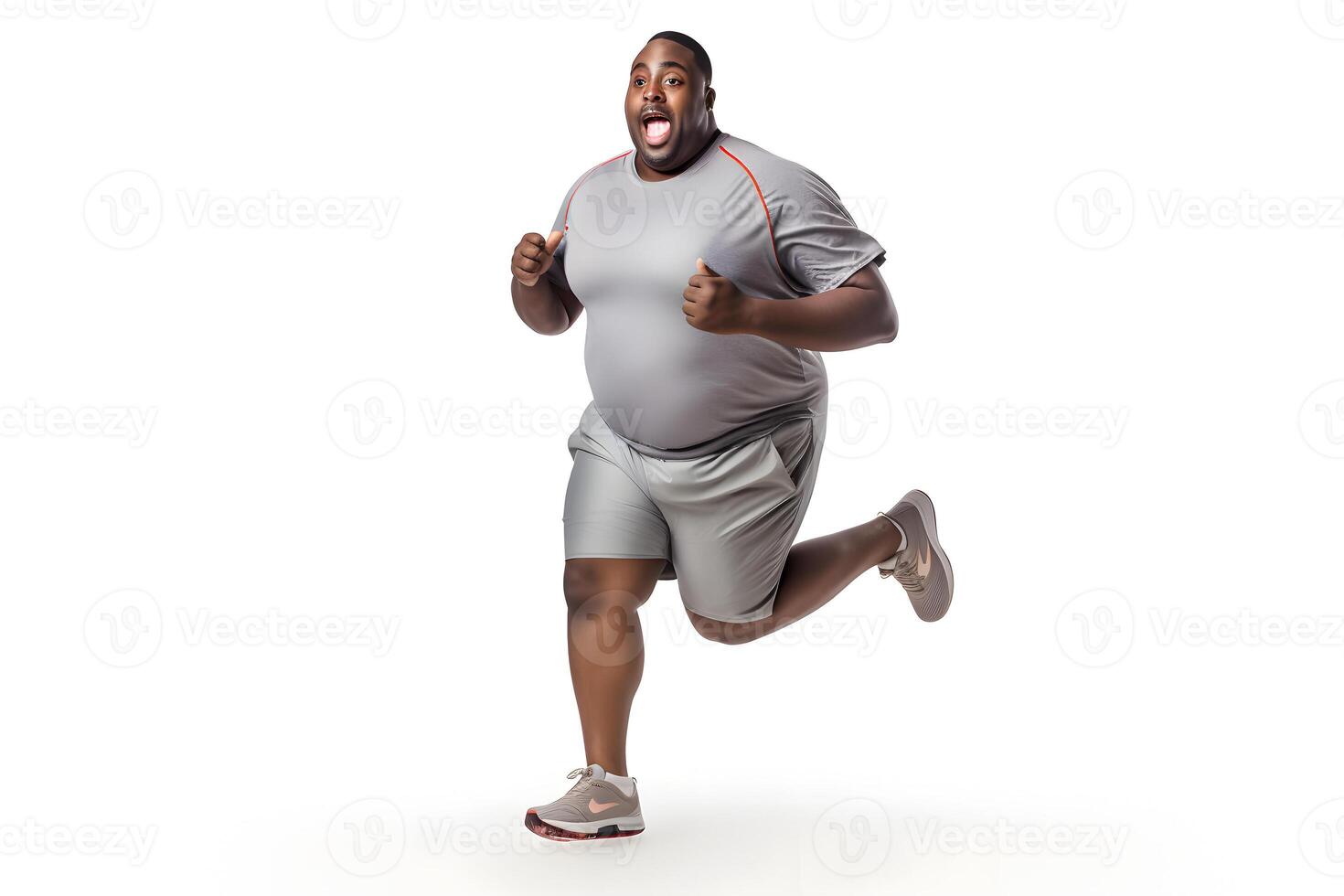 AI generated Overweight African American man running on white background, concept of overweight and weight loss. Neural network generated photorealistic image photo