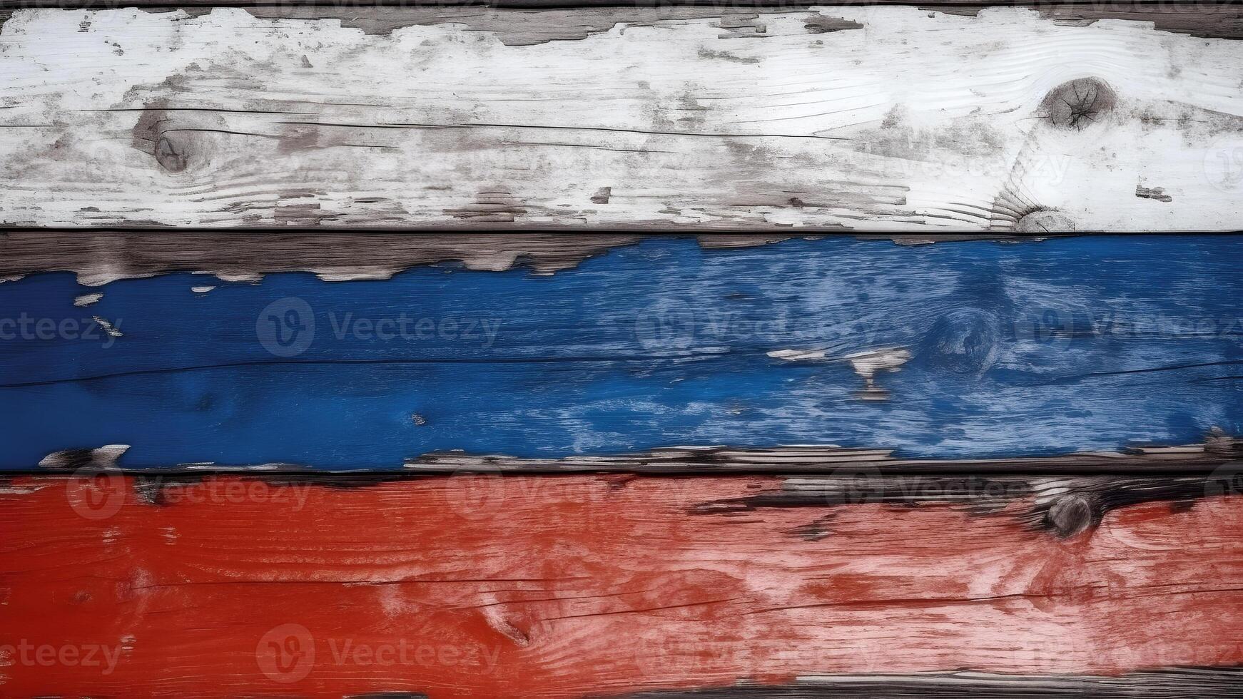 AI generated Russian flag colored barn wall, decayed old flaking paint on rotten wood surface, neural network generated image photo