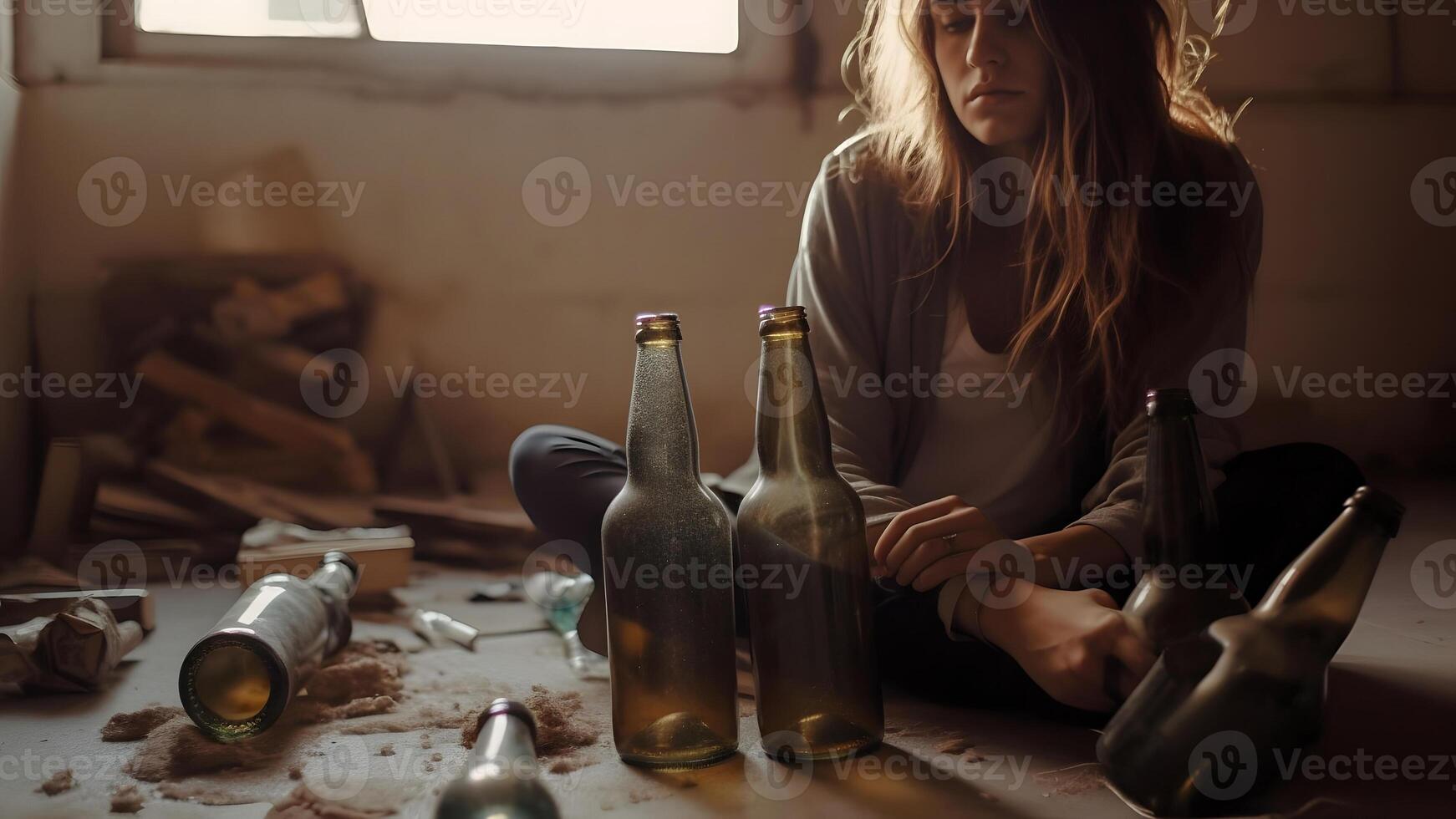 AI generated homeless squatter woman surrounded with empty bottles, neural network generated photorealistic image photo