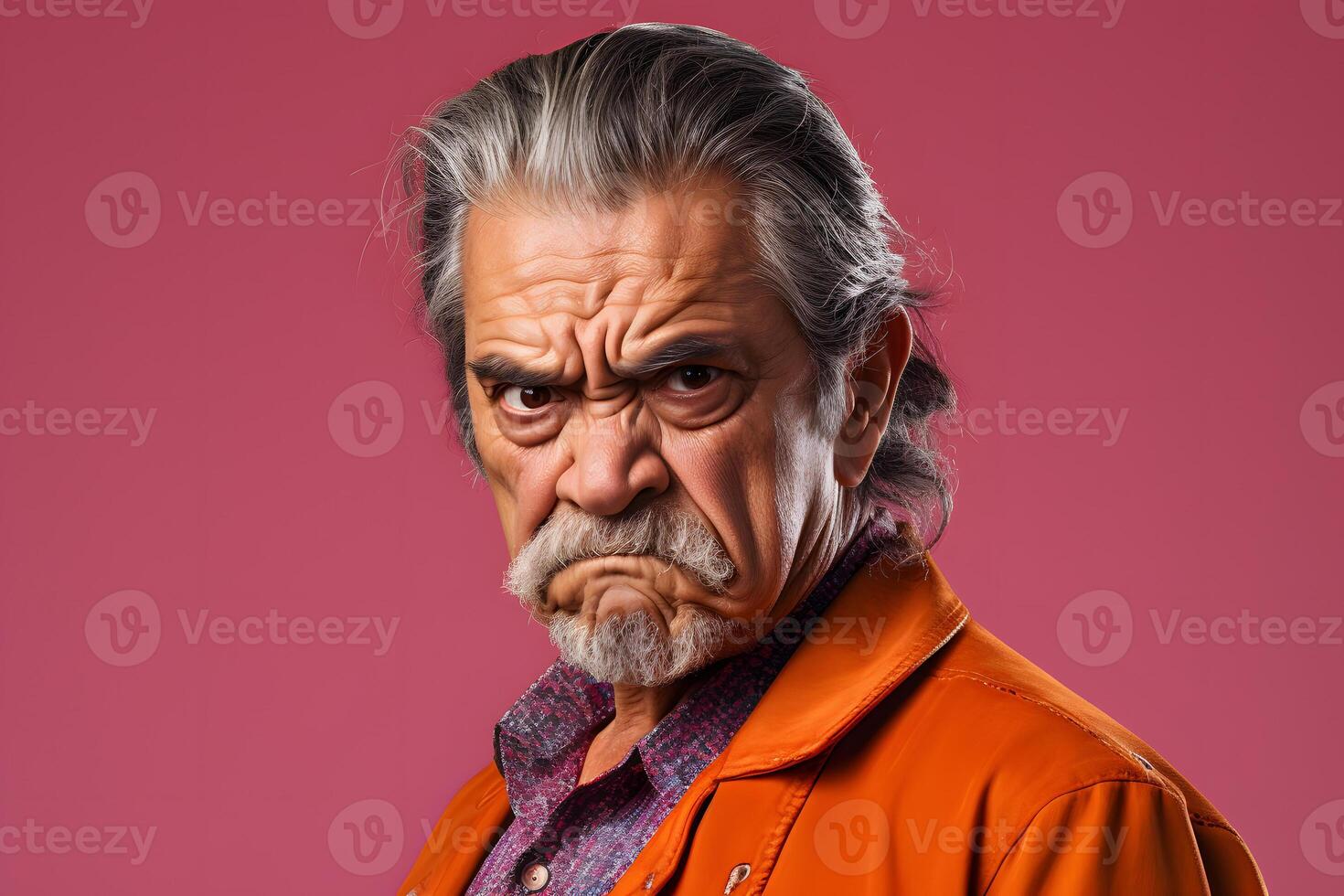 Sulking senior Latin American man, head and shoulders portrait on pink background. Neural network generated photorealistic image photo