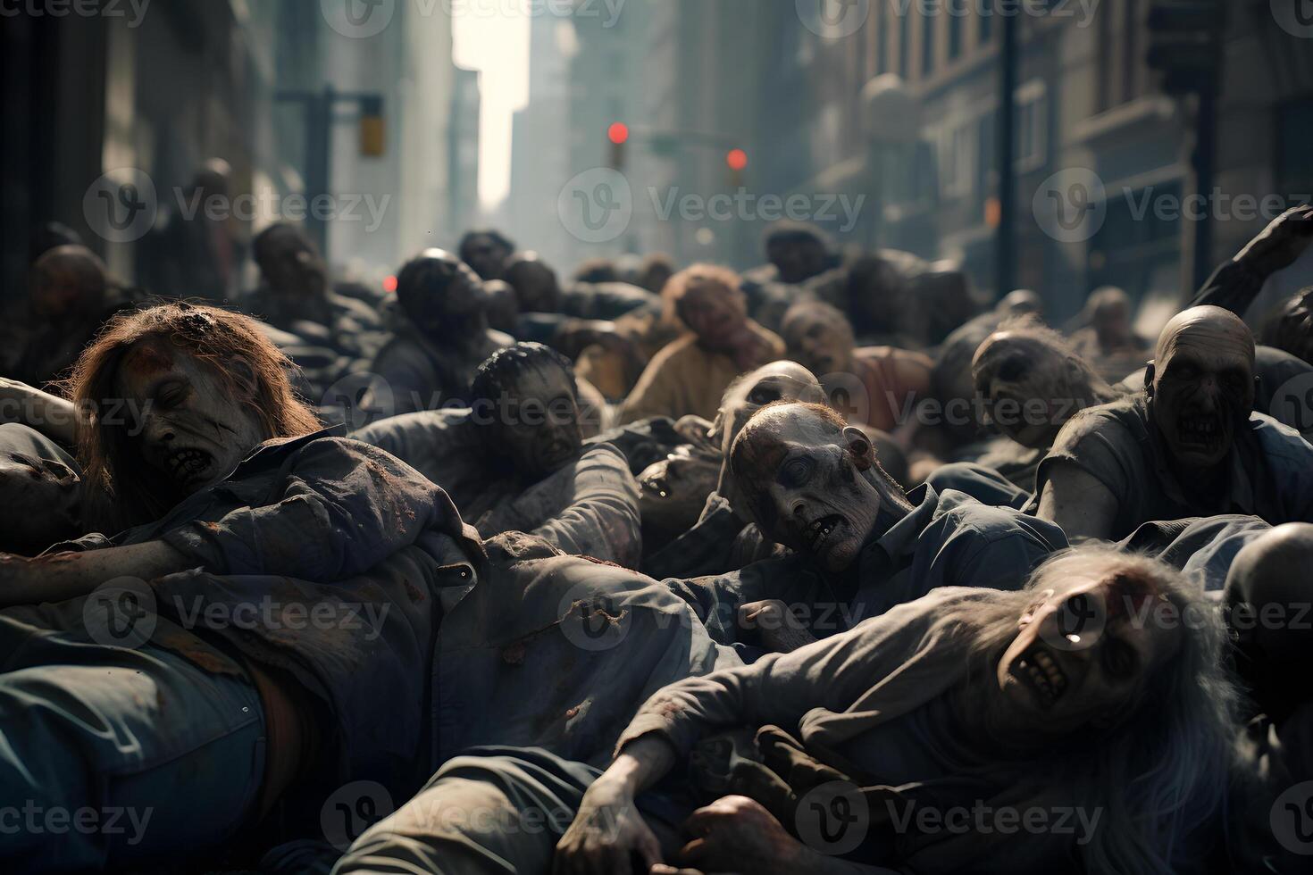 AI Generated Zombie horde sleeping on a city street at day time, neural network generated photorealistic image photo