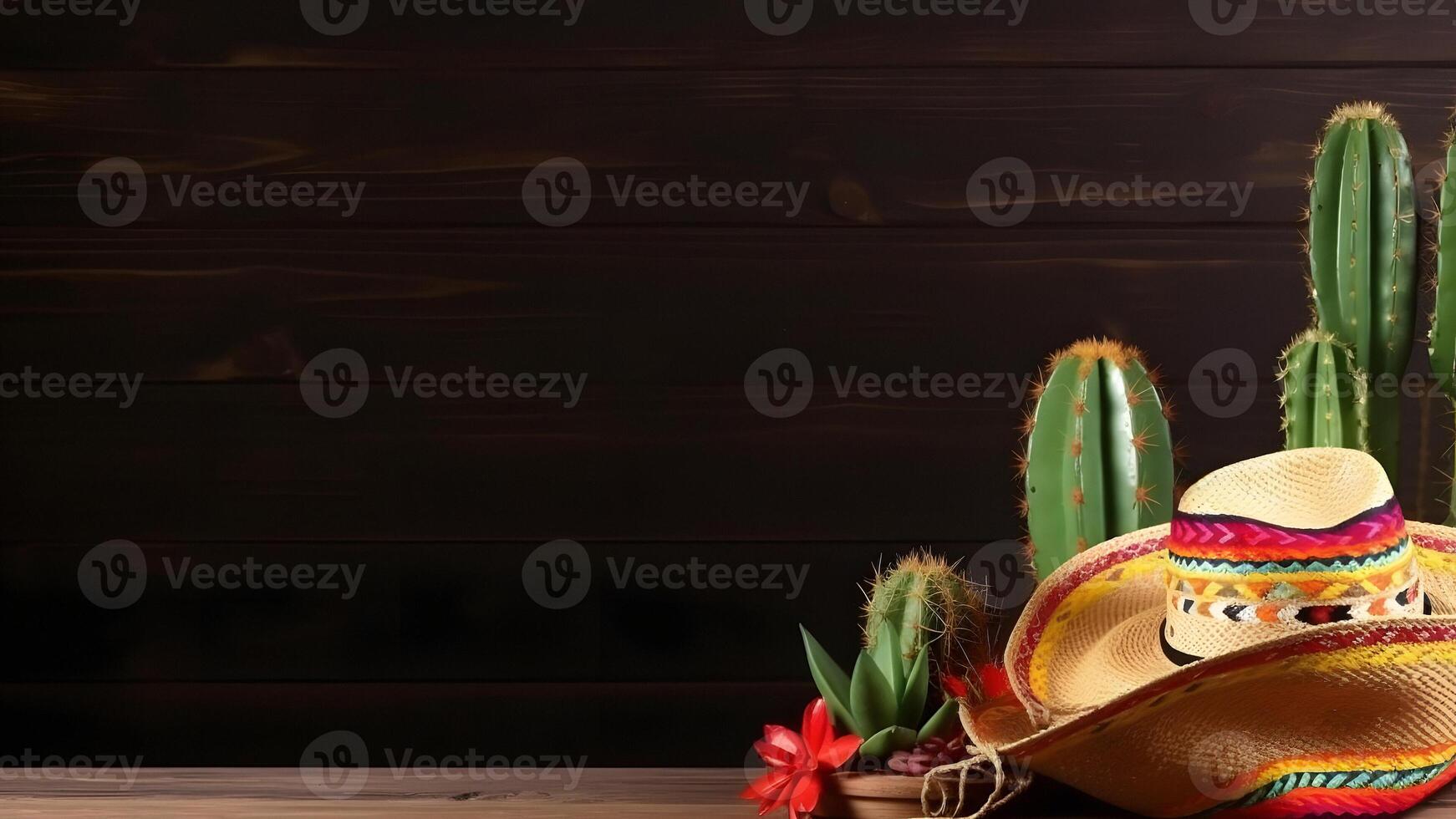 AI generated Cinco de Mayo holiday background with Mexican cactus, sombrero hat on wooden surface, neural network generated image photo