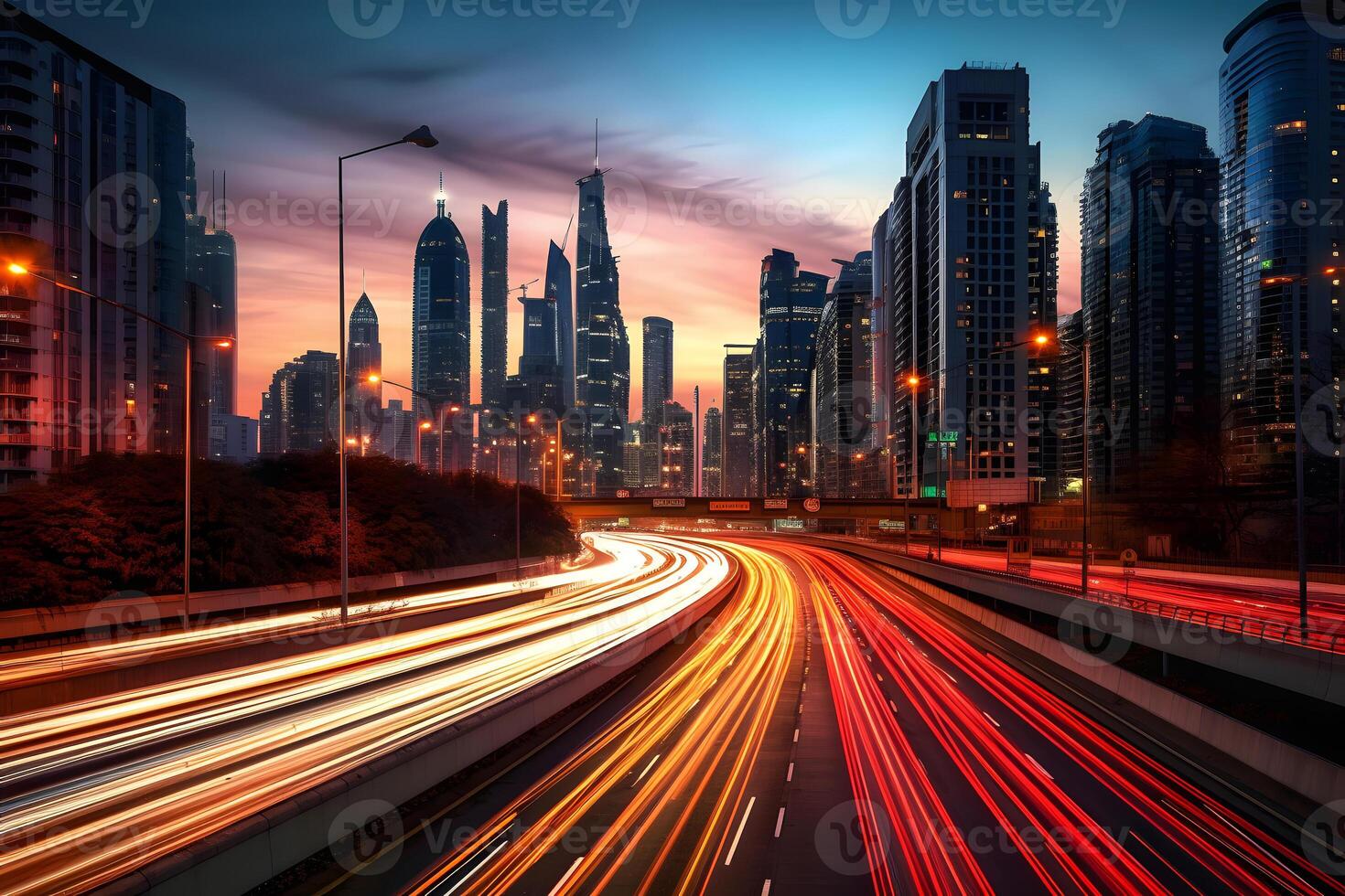 AI generated multi-lane highway with blurred traffic lights trails with large night city downtown in the background, neural network generated image photo