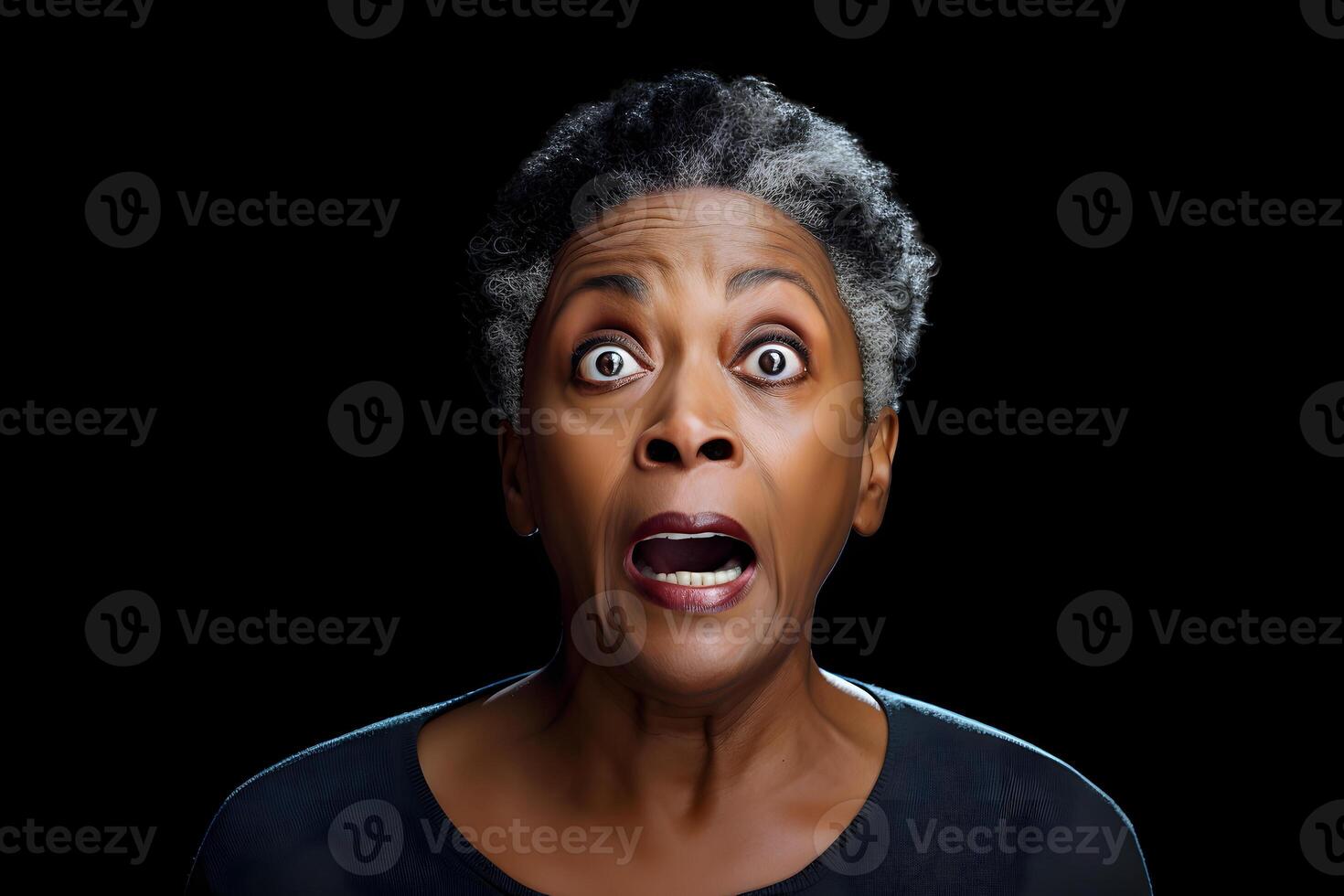 AI generated surprised senior African American woman, head and shoulders portrait on black background. Neural network generated image photo