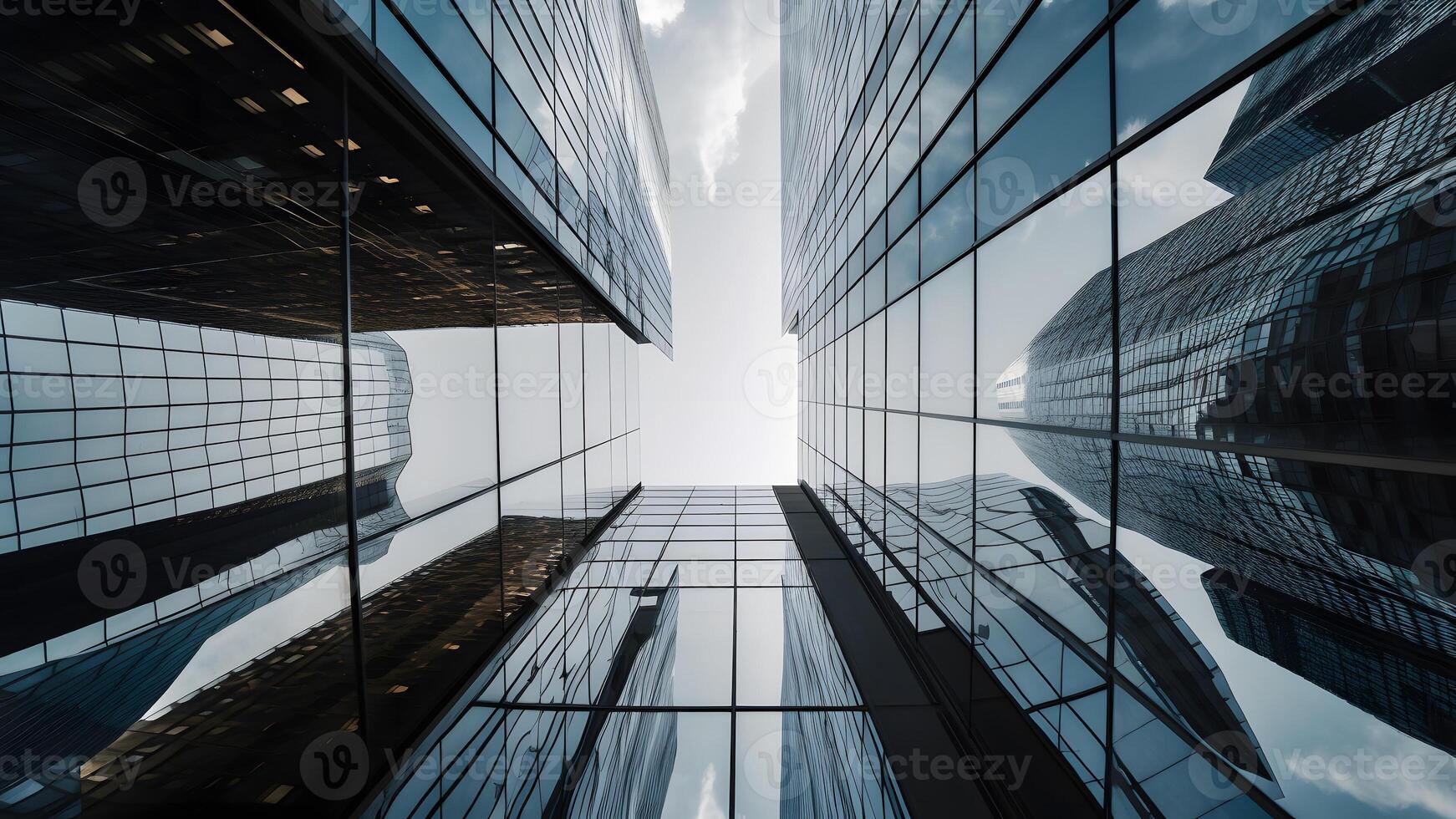 AI generated A low-angle view of a citys skyscrapers from the ground level in upward direction, neural network generated image photo