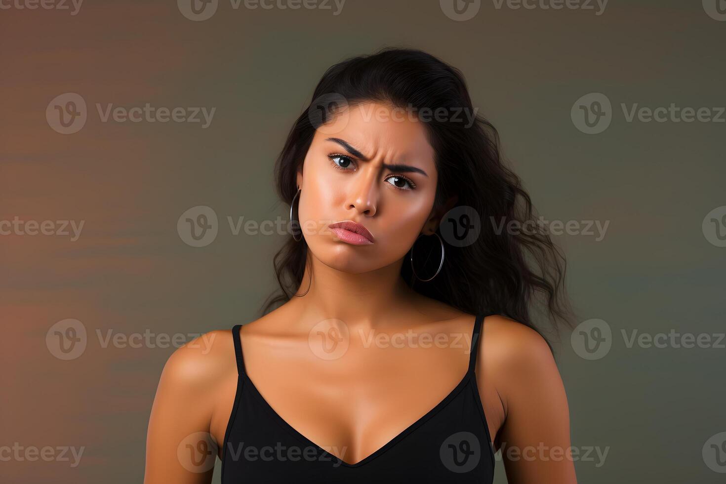 AI generated Sad young adult Latin American woman on green background. Neural network generated photorealistic image. photo