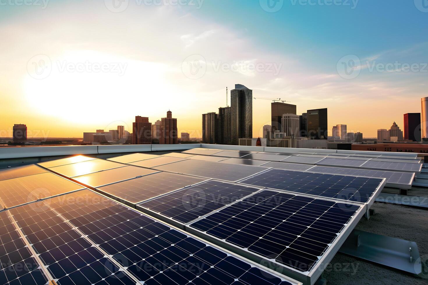 AI generated solar panels on city rooftop with downtown and blue sky in the background, neural network generated art photo