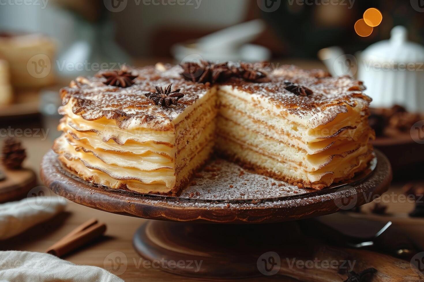 AI generated A stylish handmade cake with a cut-out piece stands on the stand of the kitchen table photo