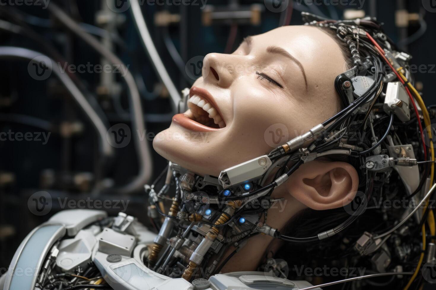 AI generated Close-up of a female cyborg's face. Bionic Robot photo