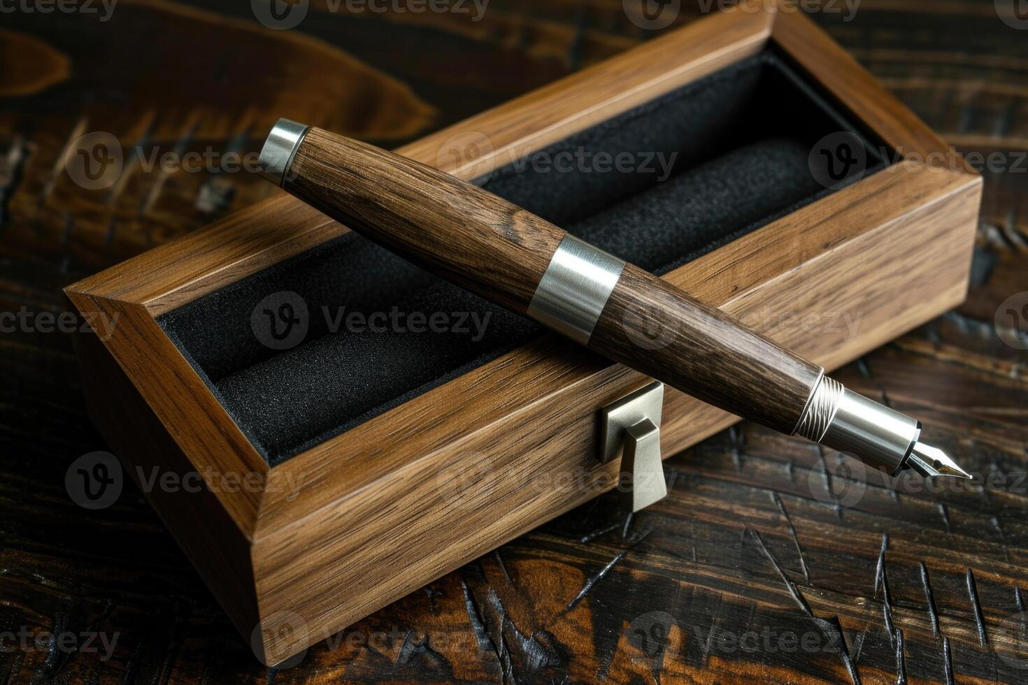 AI generated stylish fountain pen with a stylish box on the table photo