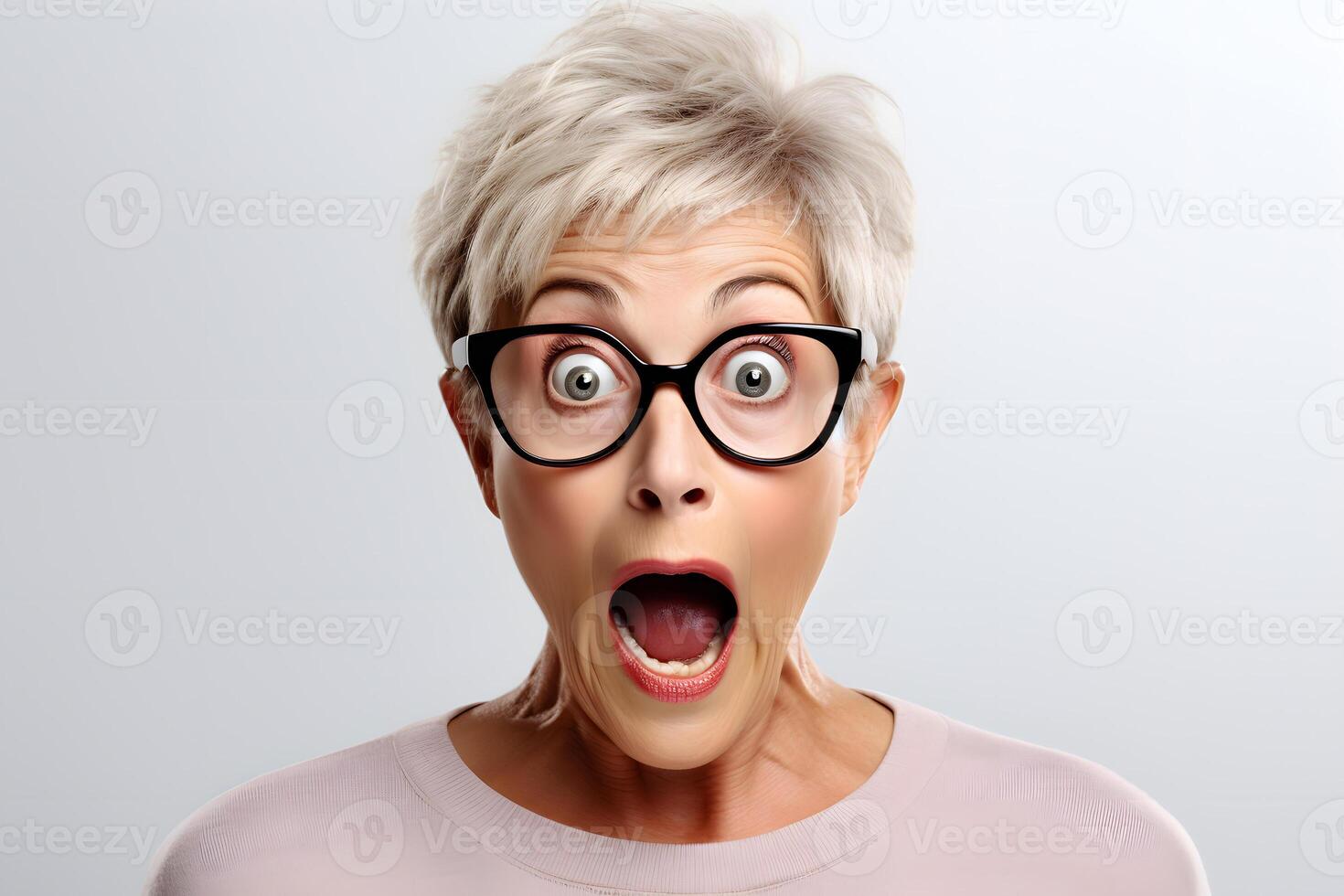 AI generated Surprised gray-haired Caucasian woman on white background. Neural network generated photorealistic image. photo