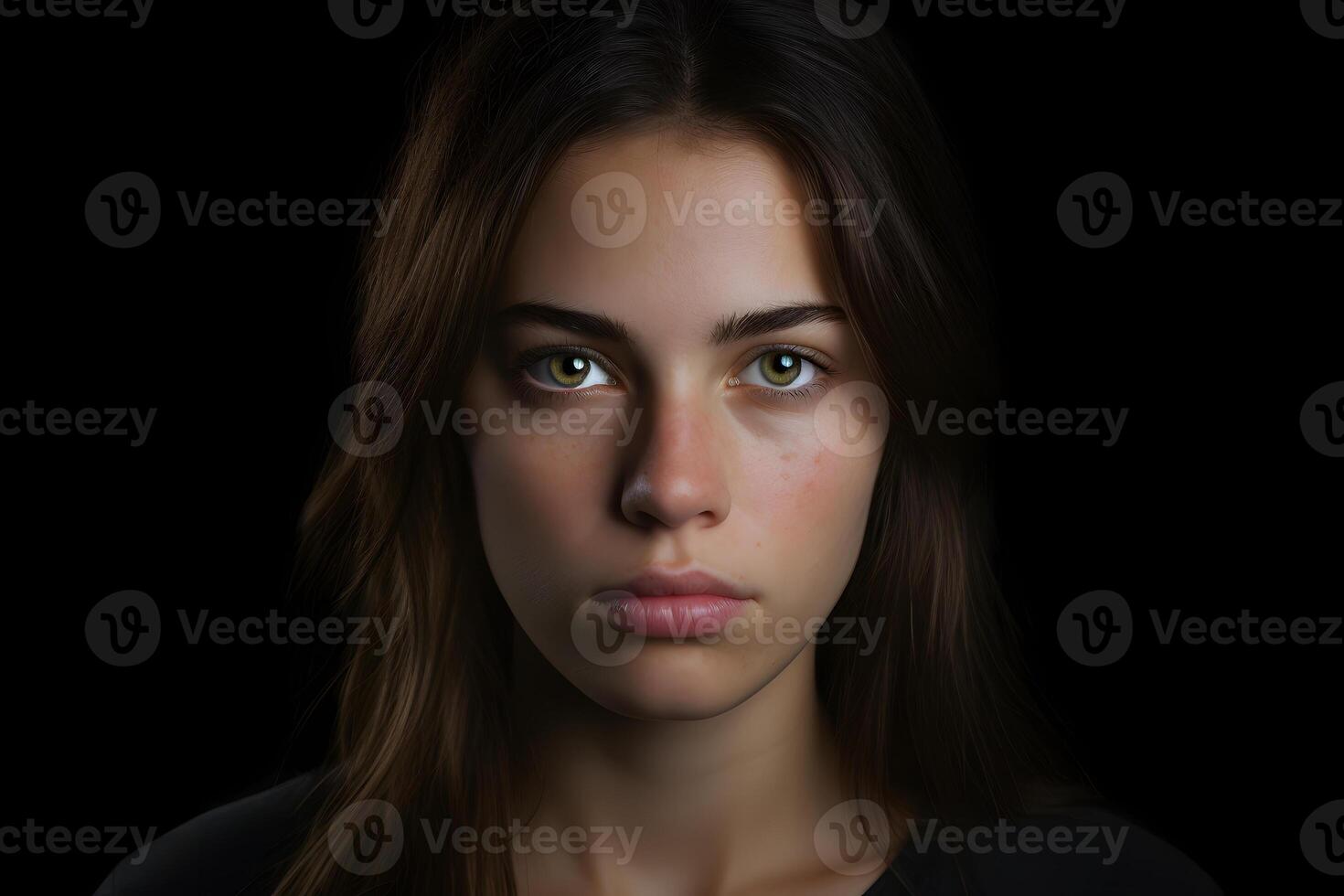 Attractive young adult Caucasian woman on black background. Neural network generated photorealistic image. photo