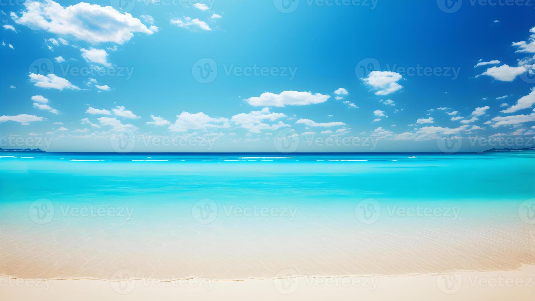 AI generated Summer beach background. White sand, turquoise sea and blue sky, neural network generated art photo