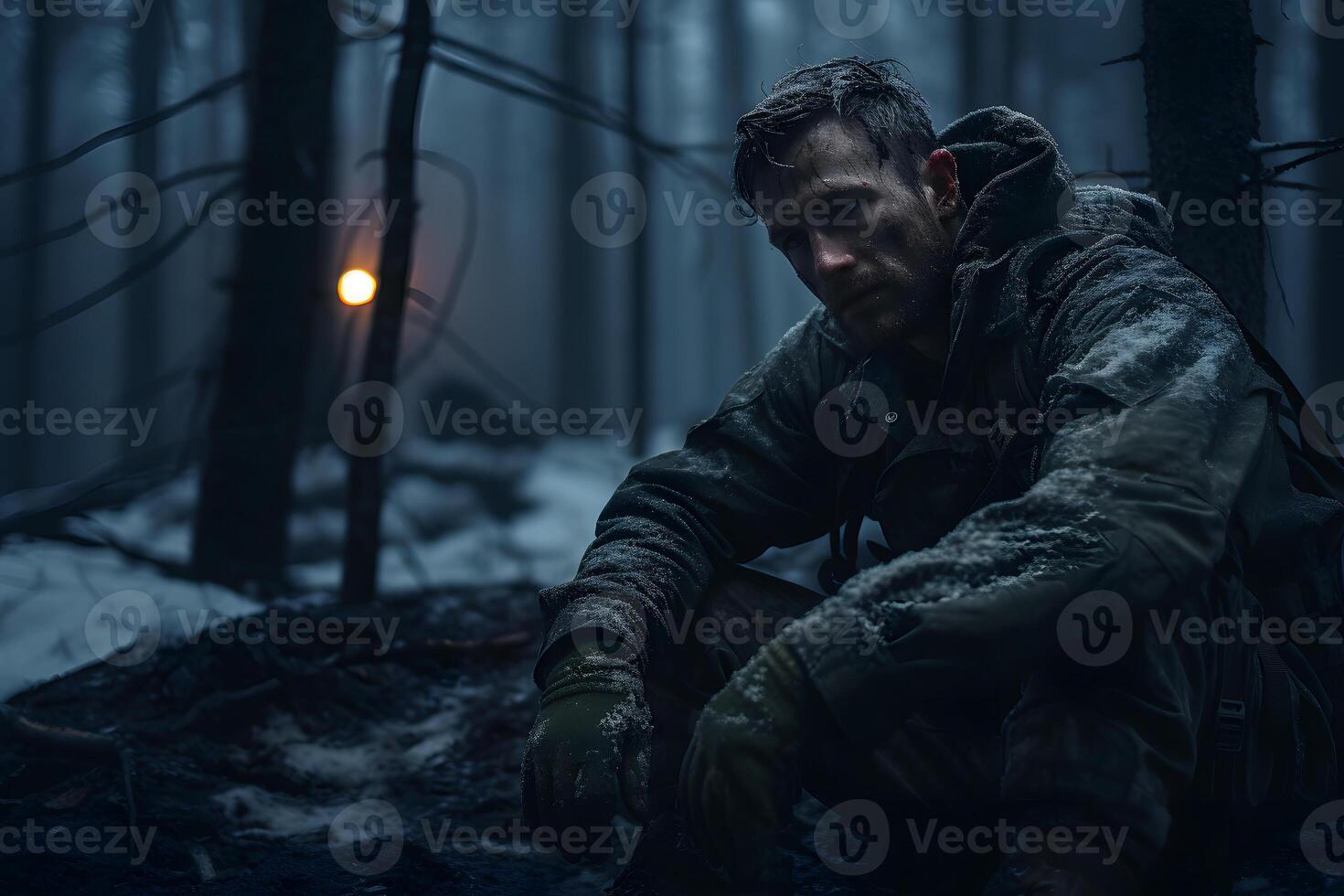 AI generated dirty tired soldier sitting in deep forest at winter night, neural network generated image photo