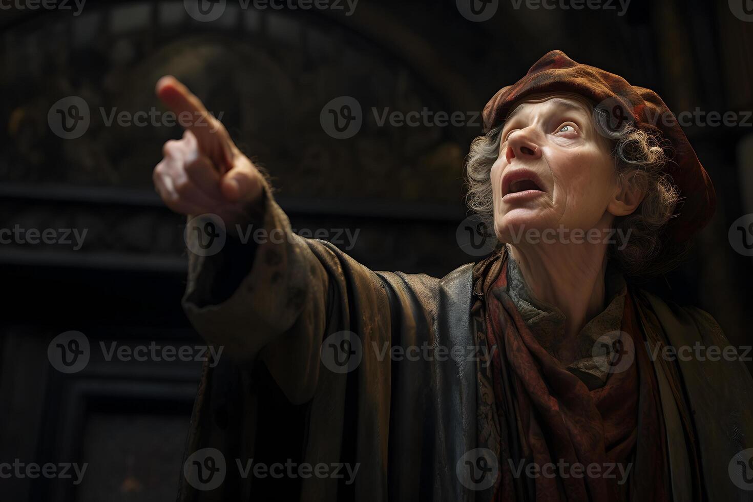 AI generated old Medieval European woman points finger and looking up, neural network generated image photo