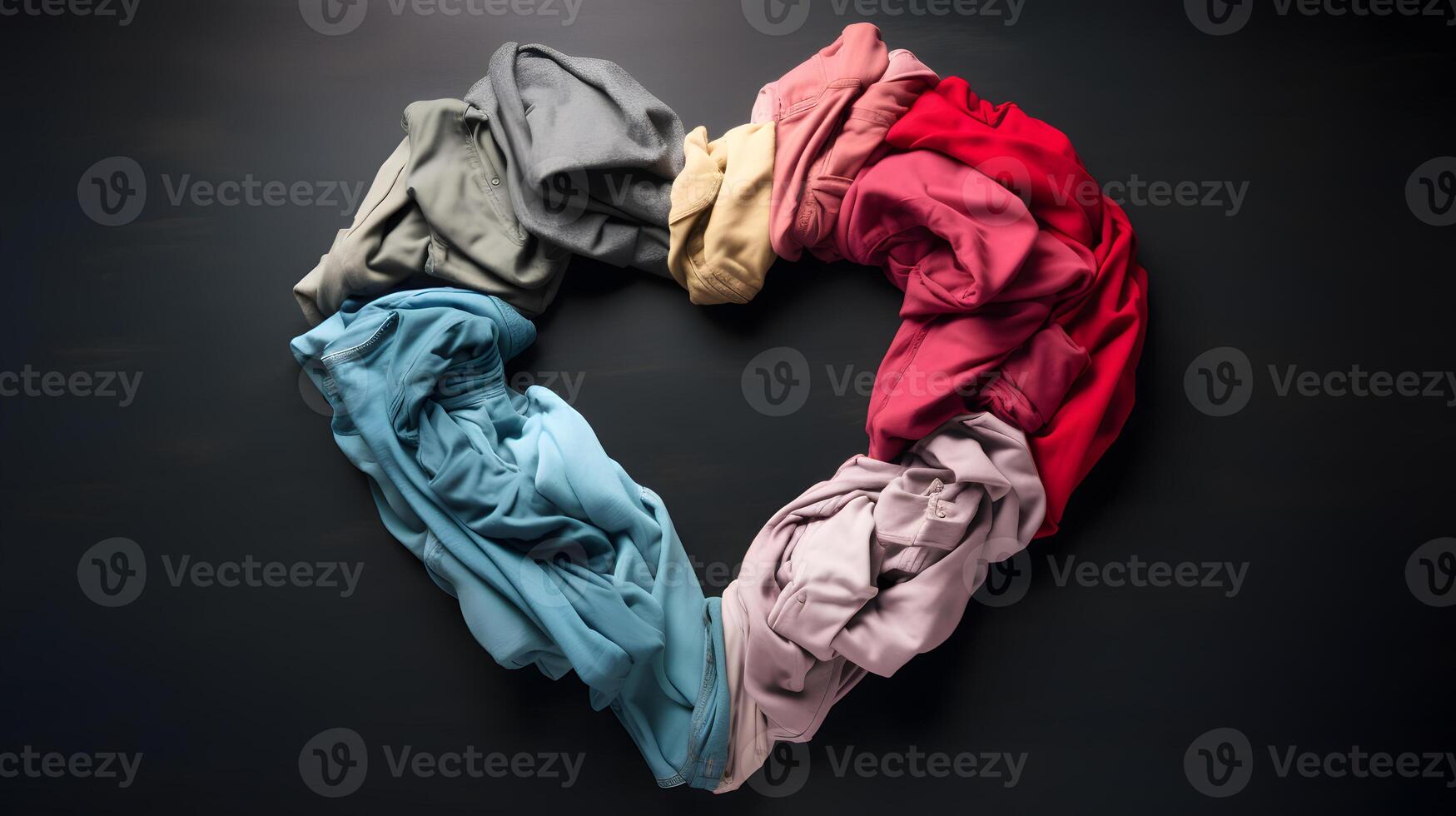 AI generated used clothes folded to form a heart on grey background, neural network generated photorealistic image photo