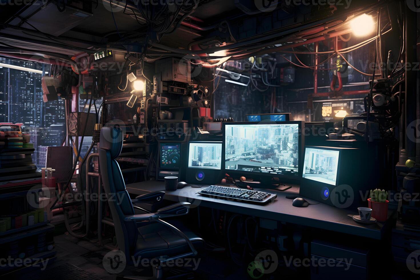 AI generated Messy and dark cyberpunk hacker hideout room. Neural network generated image photo