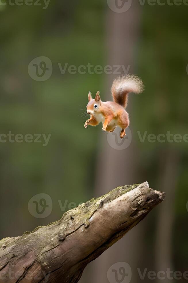 AI generated Eurasian red squirrel Sciurus vulgaris jumping in the forest at summer day, neural network generated photorealistic image photo