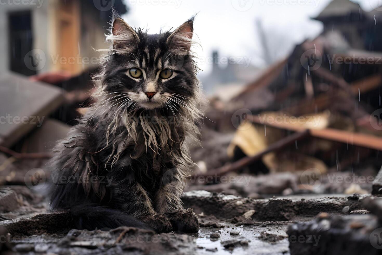 AI generated alone, soaking wet, dirty and hungry domestic kitten after disaster on the background of ruined house, neural network generated photorealistic image photo