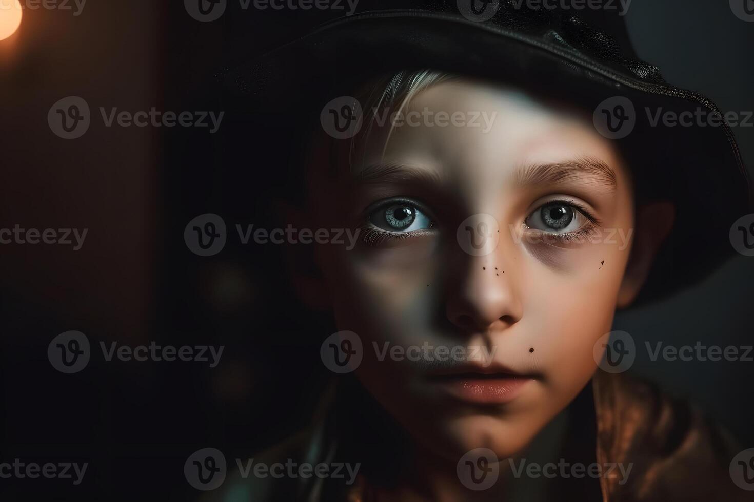 AI generated close portrait of young caucasian boy dressed in costume for halloween party, neural network generated photorealistic image photo