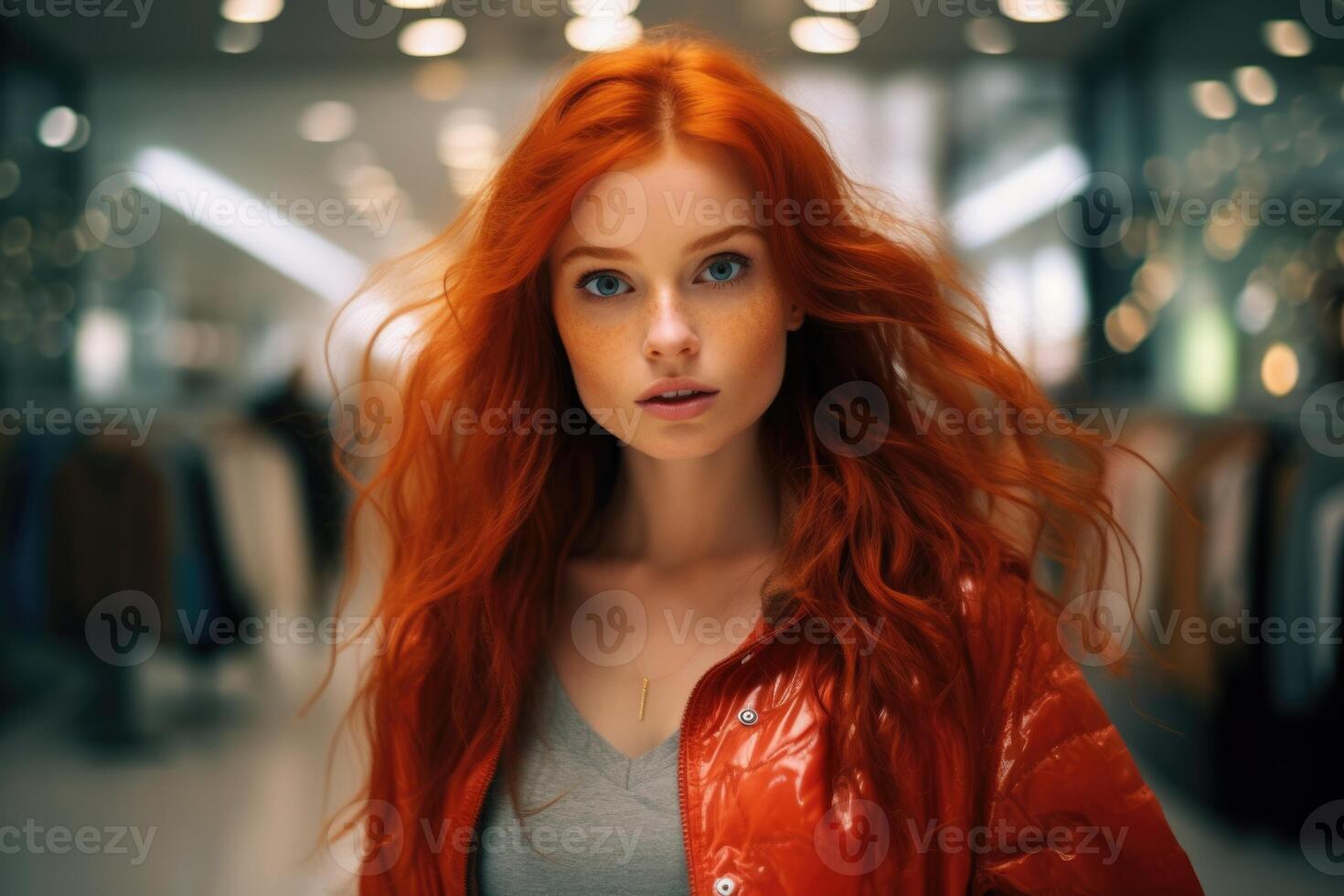 AI generated Close-up of a beautiful white girl with red hair, dressed in stylish clothes, who looks at the camera and smiles photo