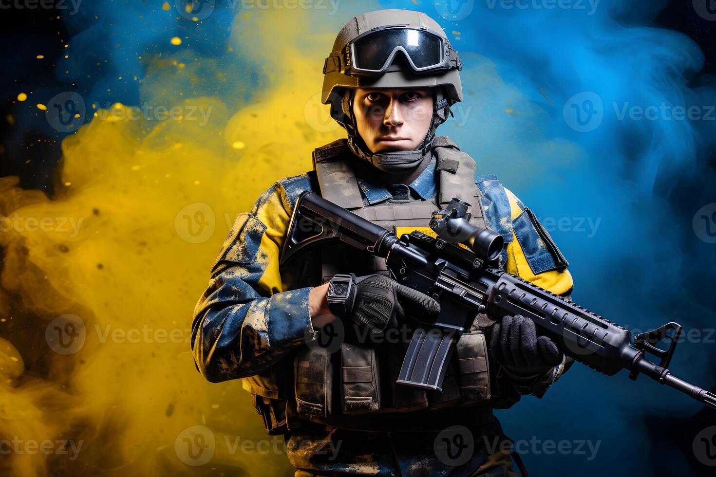 AI generated Ukrainian soldier in front of Ukrainian flag colored smoke, neural network generated photorealistic image photo