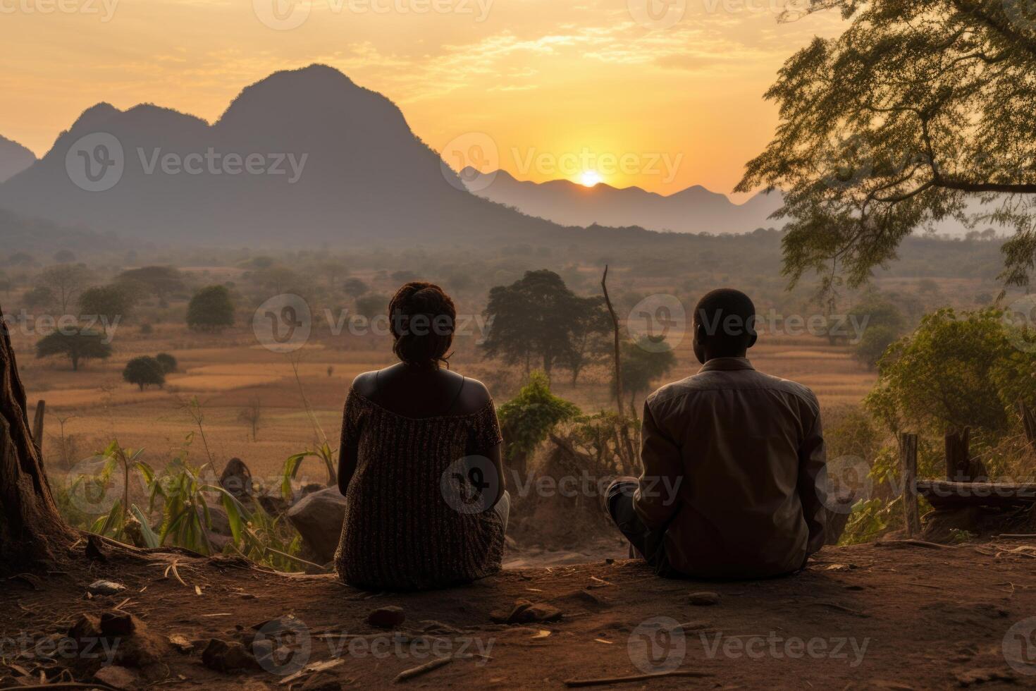 ai generado dos local africanos son sentado en contra el antecedentes de naturaleza. el paisaje de África foto