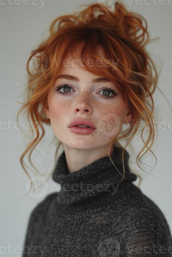 AI generated Portrait of a beautiful serious red-haired young girl in close-up photo