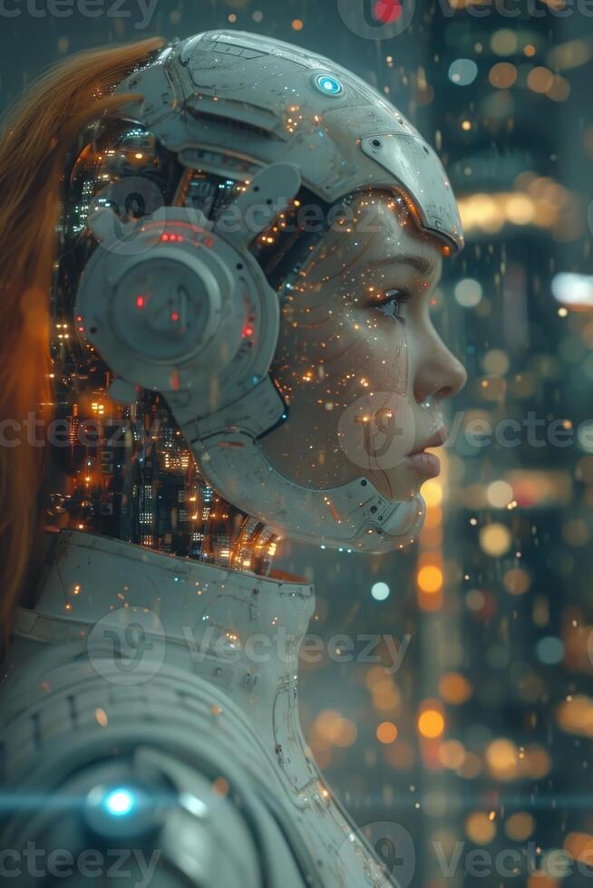 AI generated A girl in a space suit . The concept of artificial intelligence. Digital transformation photo