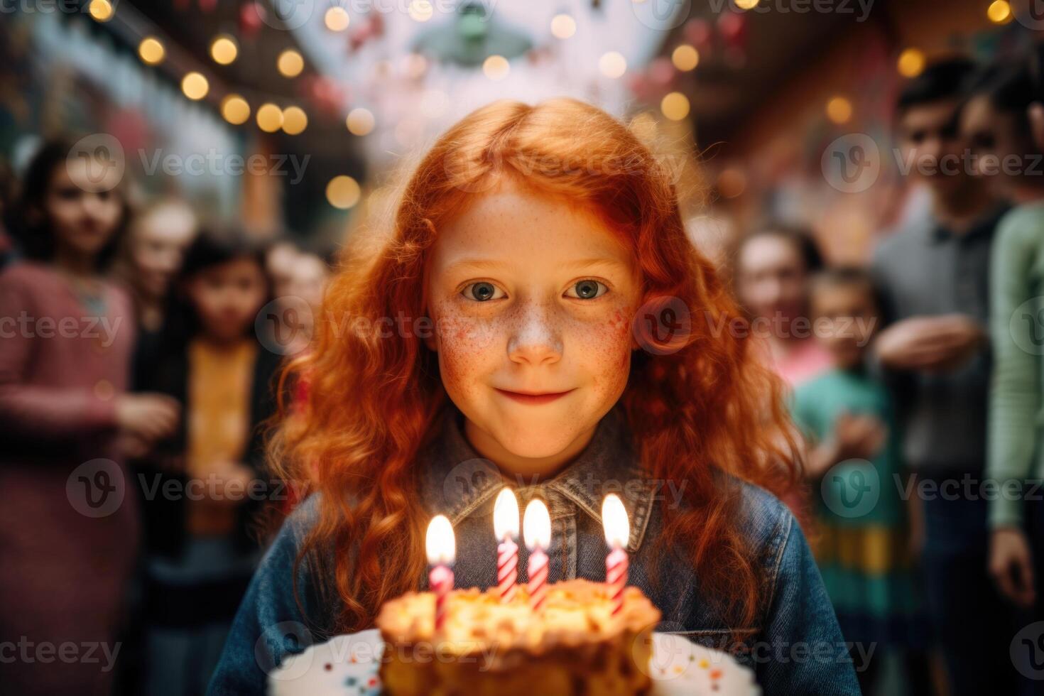 ai generado un pelirrojo joven niña será soplar fuera el velas en el cumpleaños pastel foto