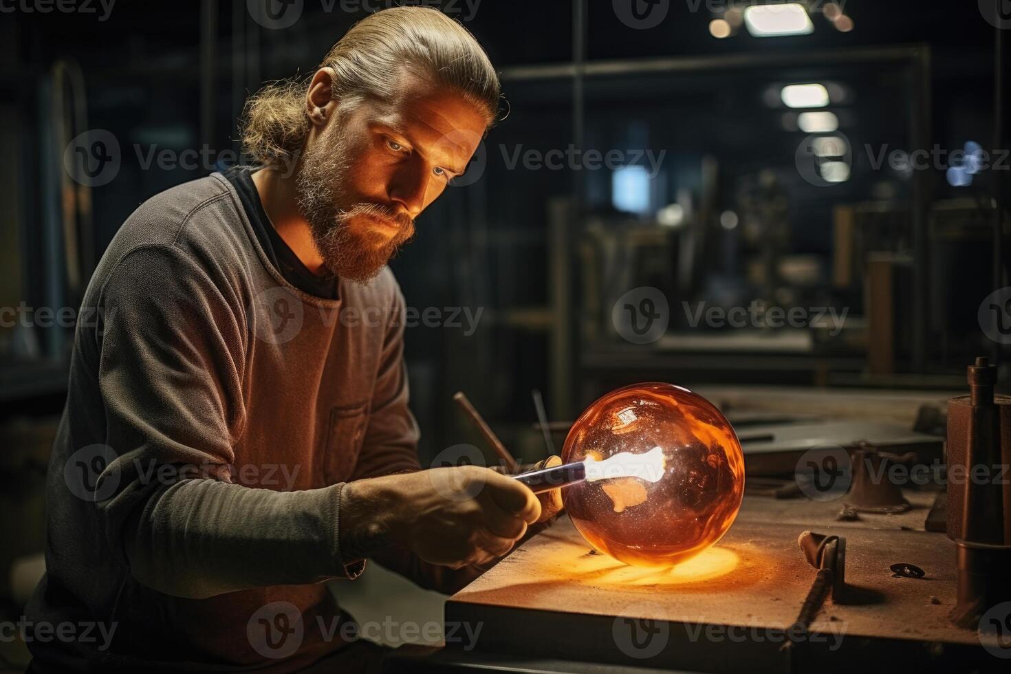 AI generated A master glassblower in his workshop for the manufacture of glass products photo
