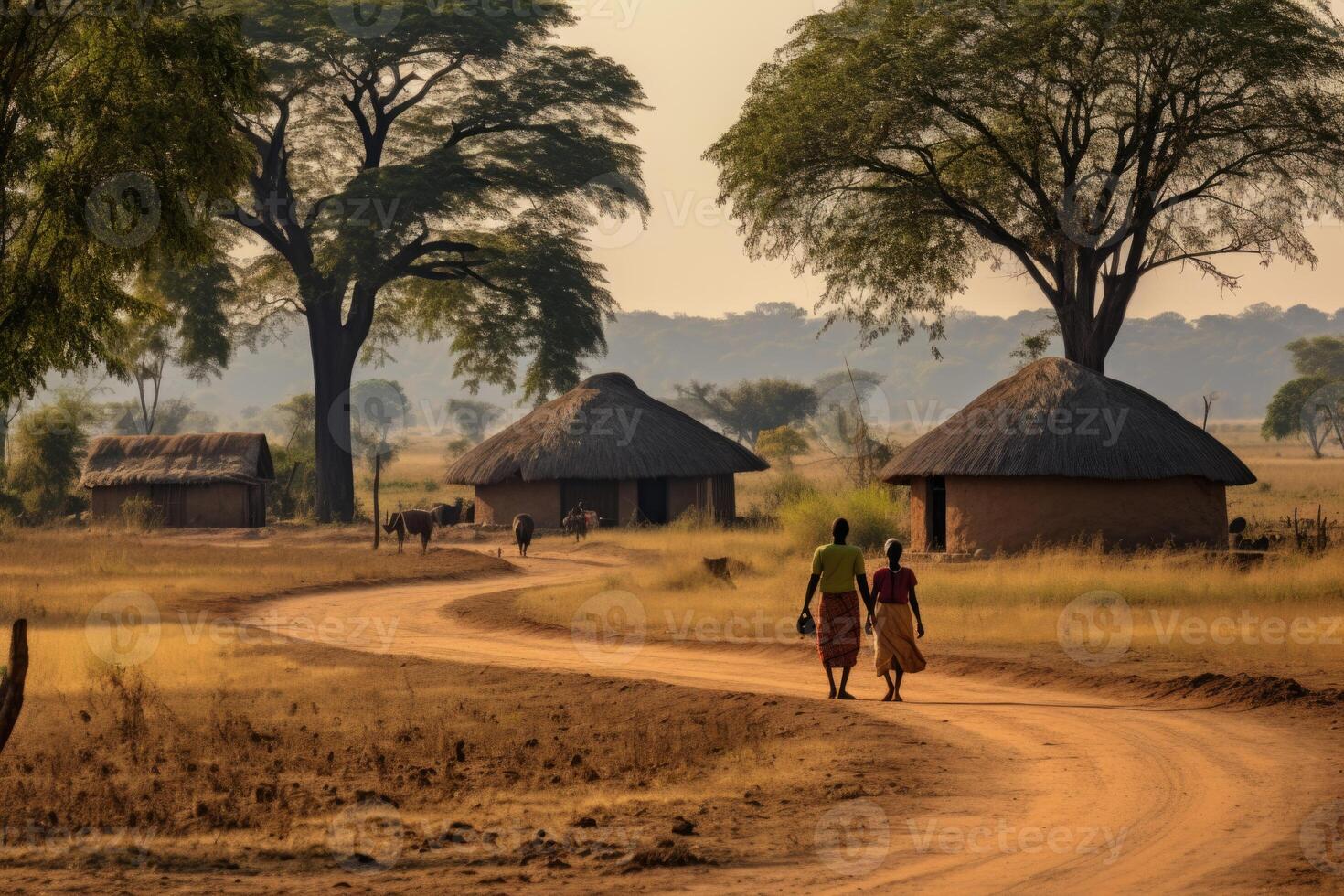 AI generated An African village. People walking along the road in Africa photo