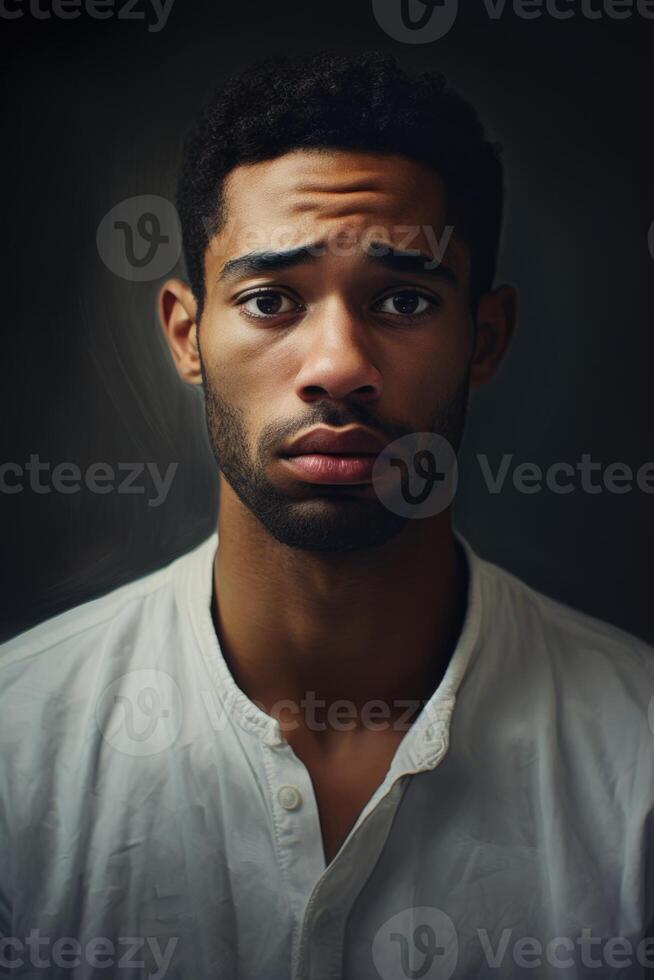 AI generated Portrait of a serious man of the African race on a black background photo