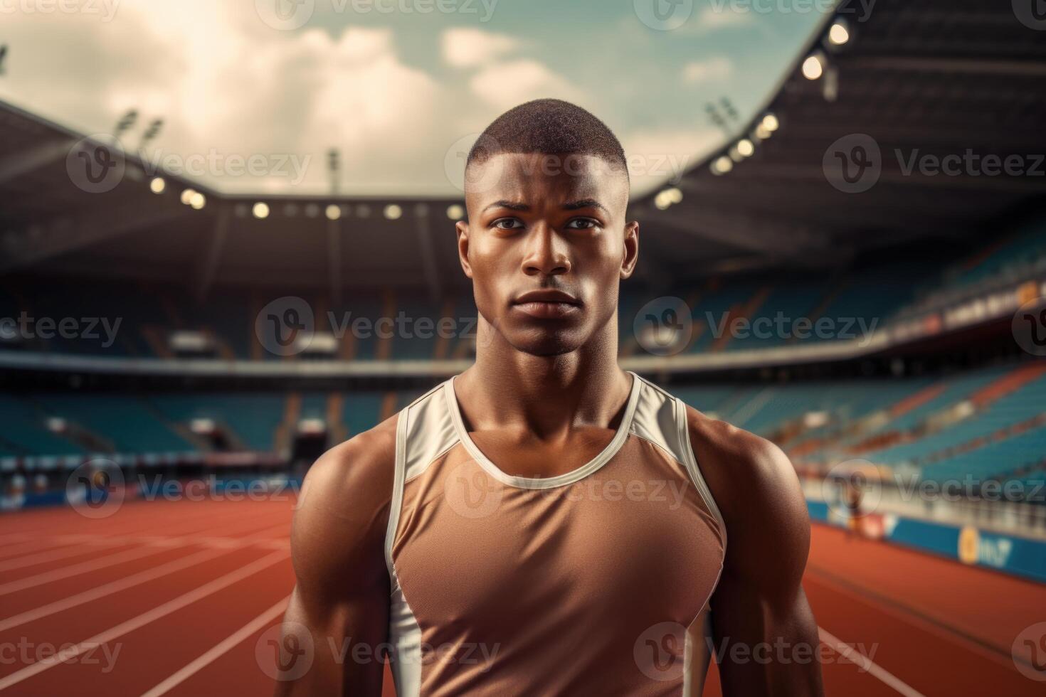 ai generado retrato de un pista y campo atleta a un competencia en contra el antecedentes de un estadio foto