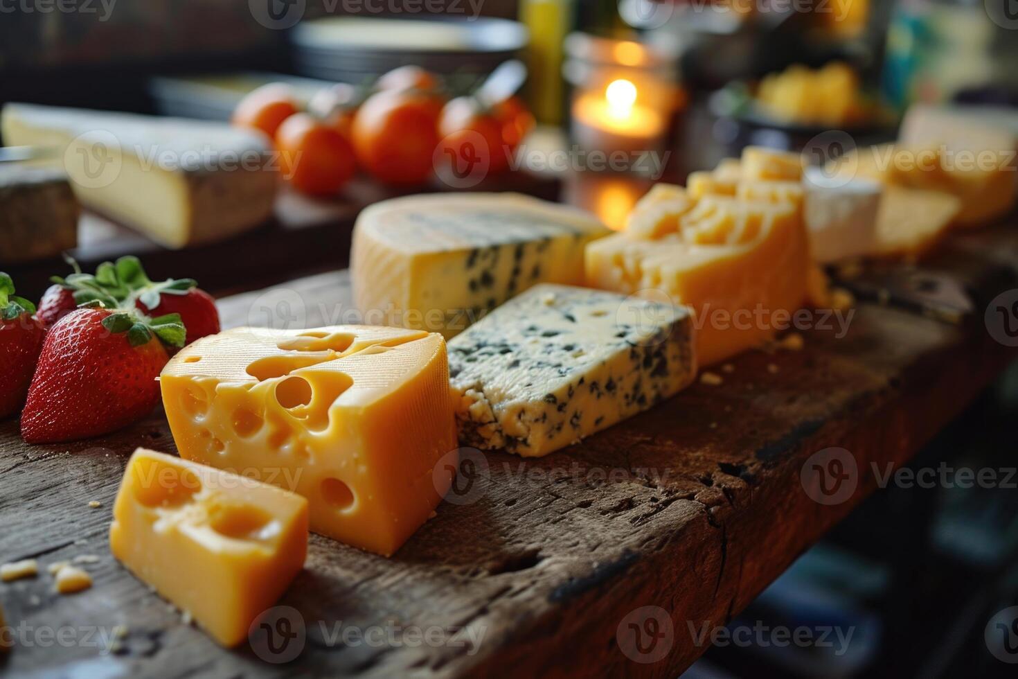 AI generated Slicing different cheeses lying on a wooden board against the background of the kitchen photo